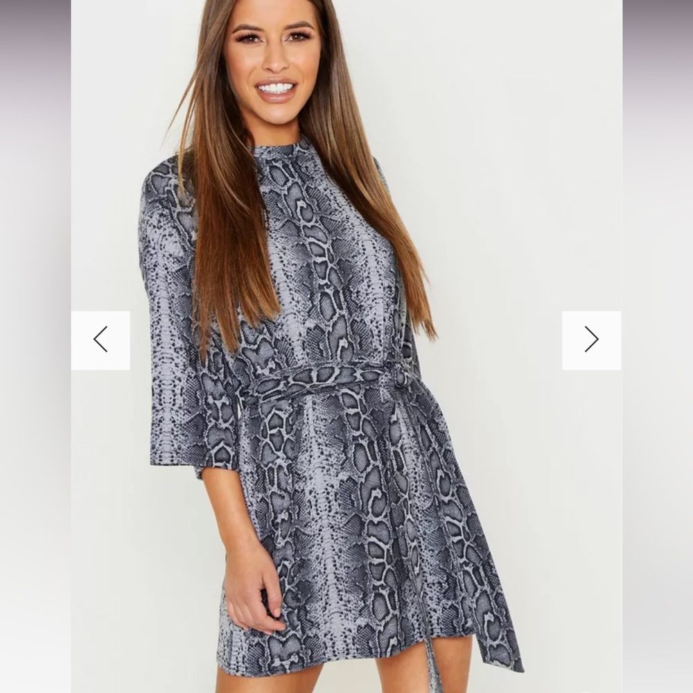BooHoo black and gray snakeskin print belted shirt dress.